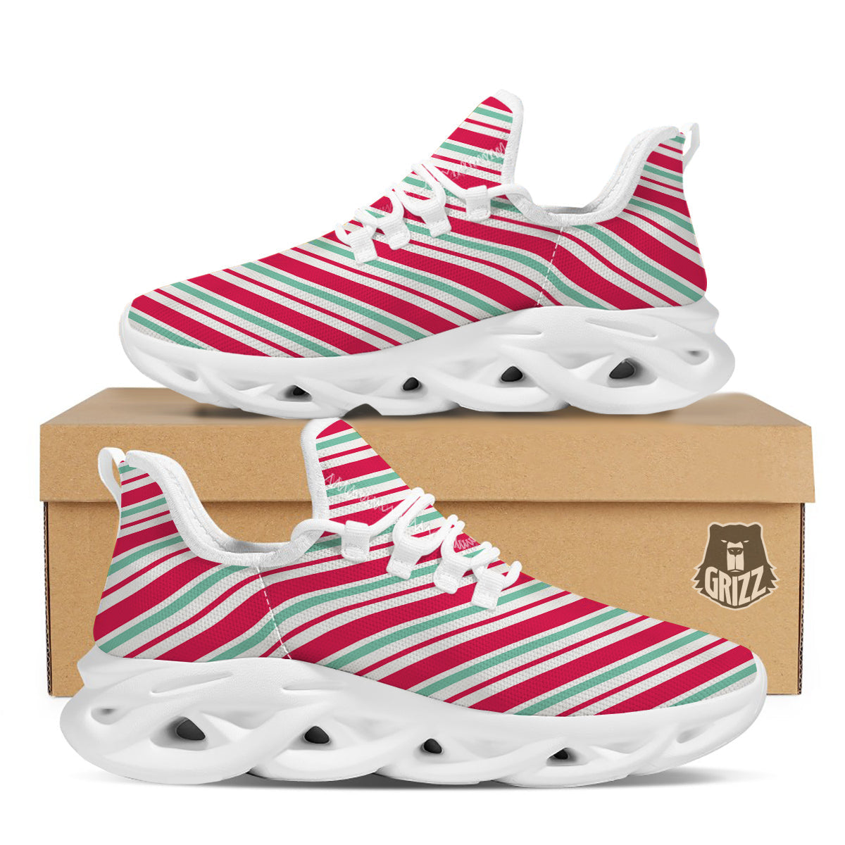 Candy Cane Striped Christmas Print White Running Shoes-grizzshop