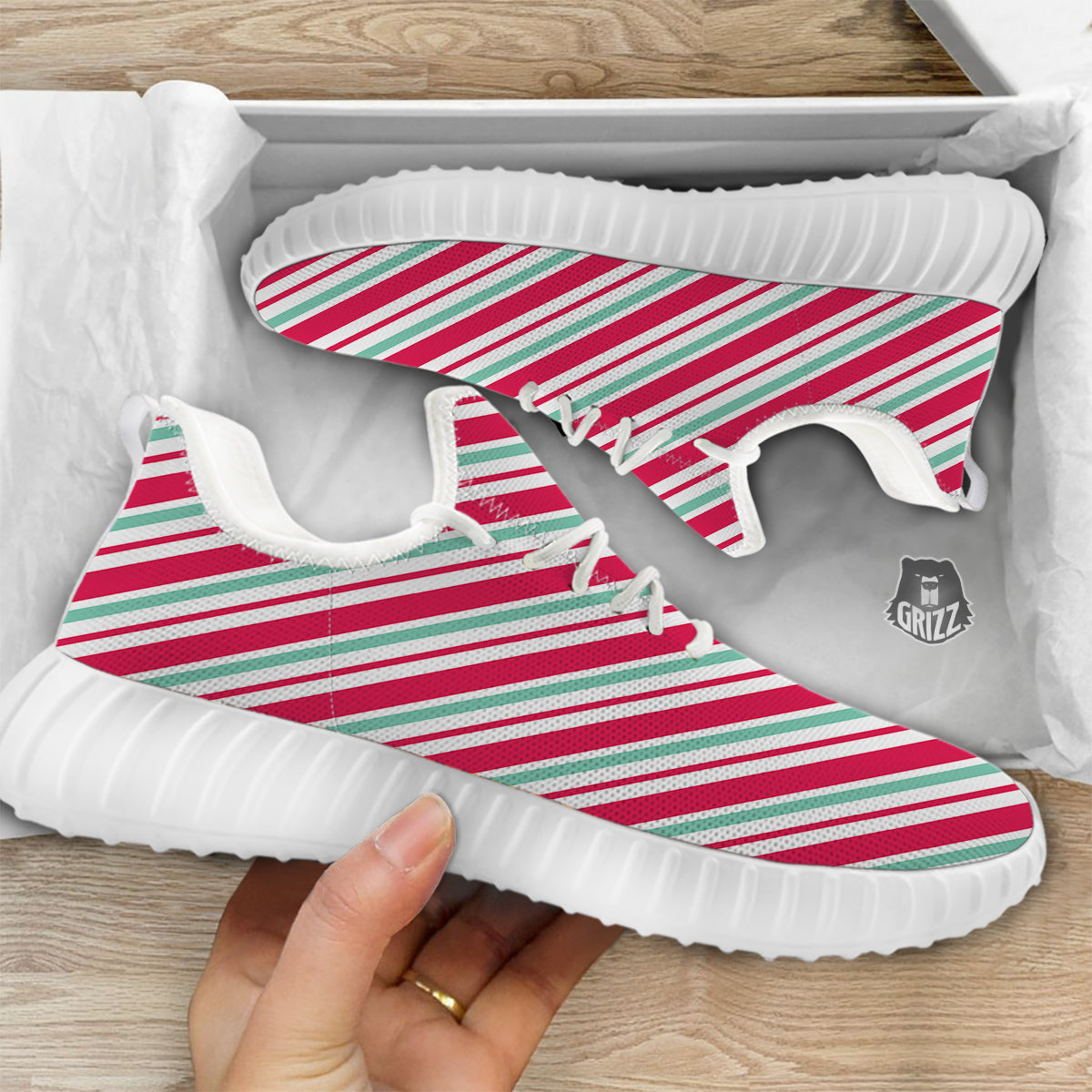 Candy Cane Striped Christmas Print White Walking Shoes-grizzshop