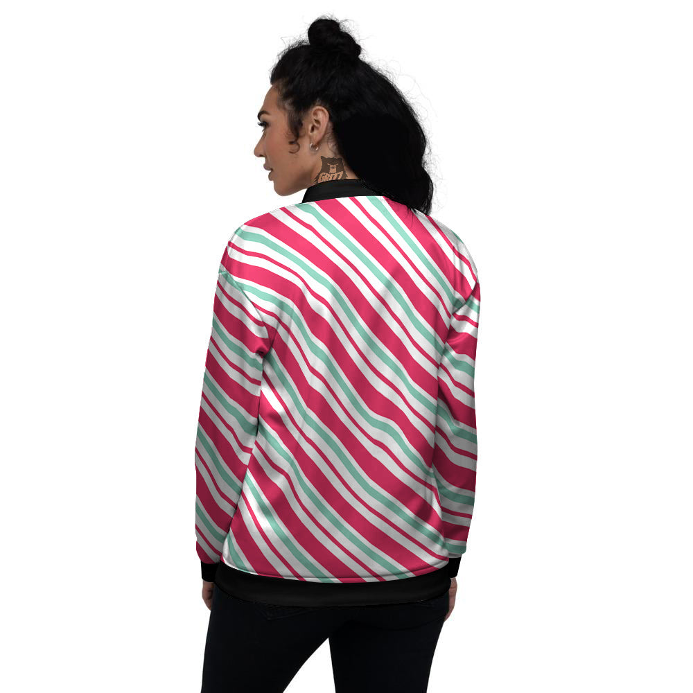 Candy Cane Striped Christmas Print Women's Bomber Jacket-grizzshop