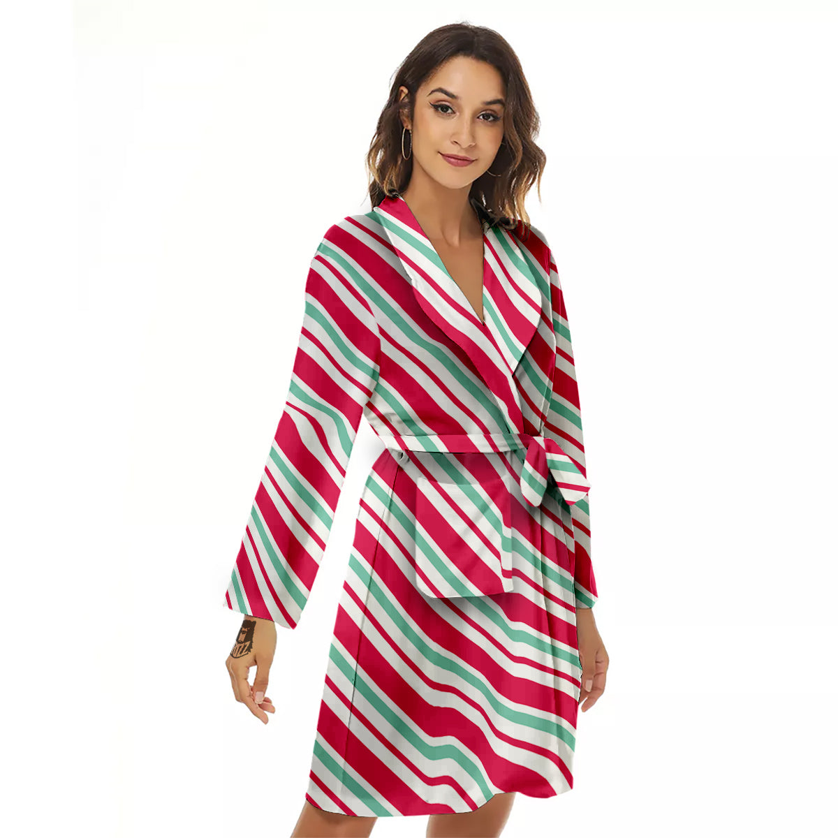 Candy Cane Striped Christmas Print Women's Robe-grizzshop