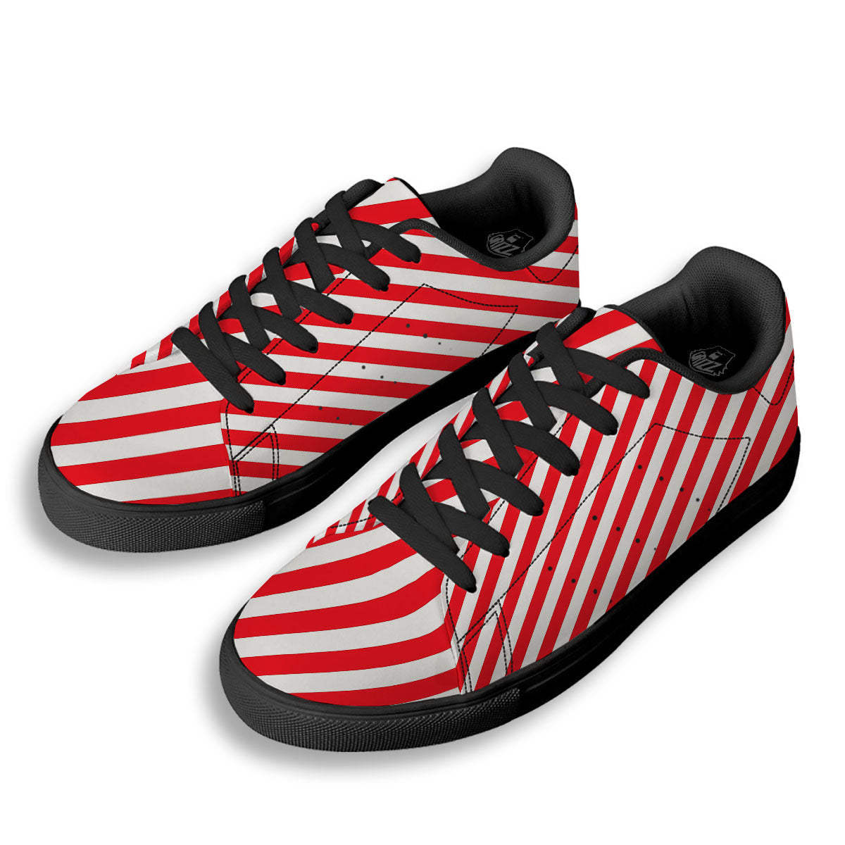 Candy Cane Striped White And Red Print Black Low Top Sneakers-grizzshop