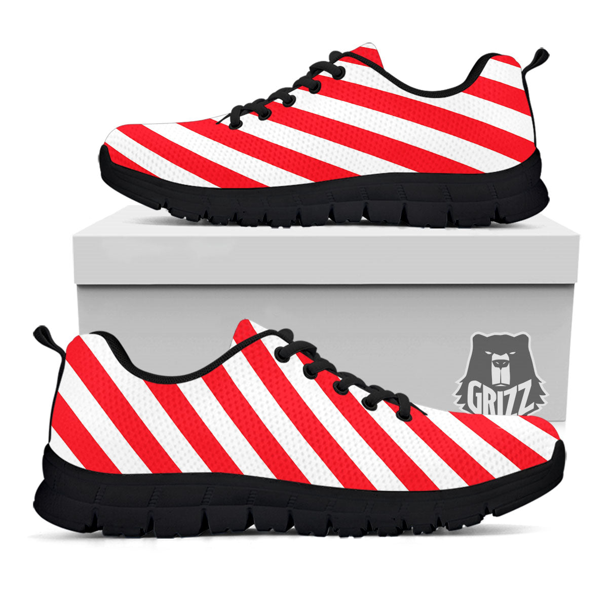 Candy Cane Striped White And Red Print Black Sneaker-grizzshop