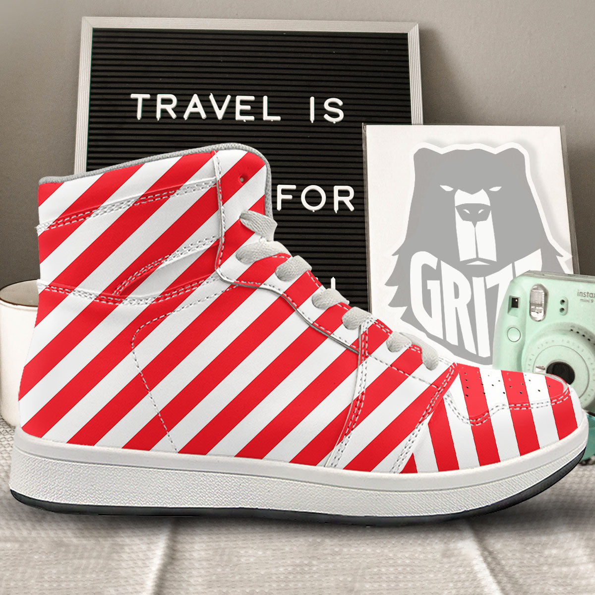 Candy Cane Striped White And Red Print High Top Sneakers-grizzshop