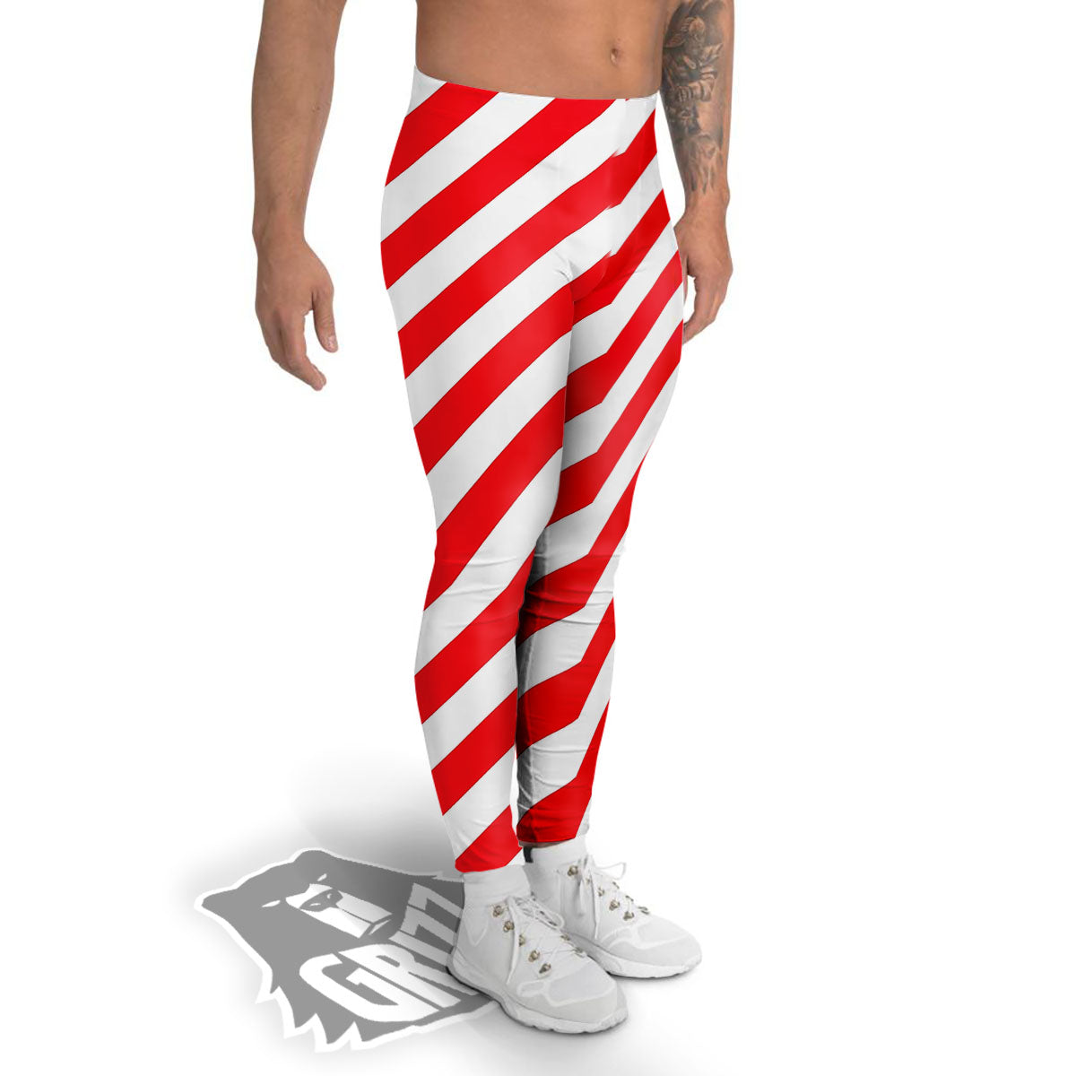 Candy Cane Striped White And Red Print Men's Leggings-grizzshop