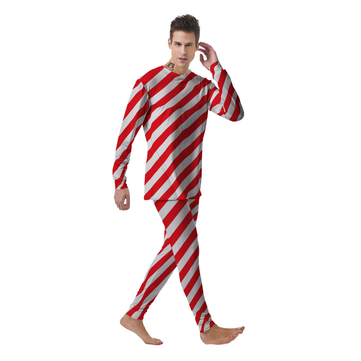 Candy Cane Striped White And Red Print Men's Pajamas-grizzshop
