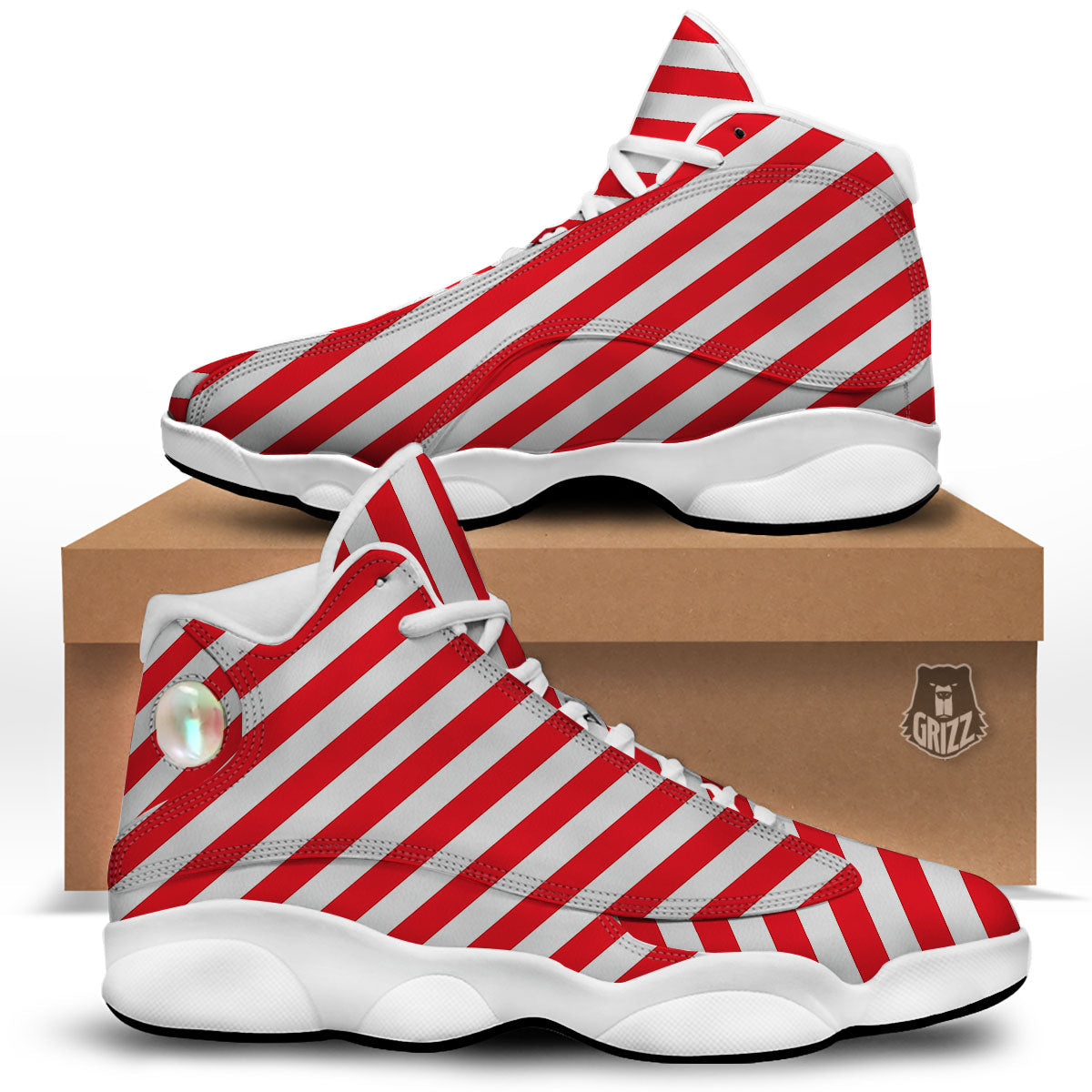 Candy Cane Striped White And Red Print White Basketball Shoes-grizzshop