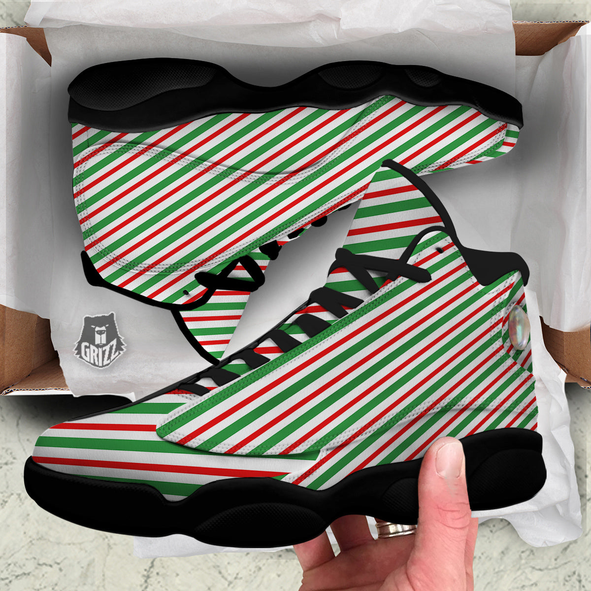 Candy Cane Stripes Christmas Print Black Basketball Shoes-grizzshop