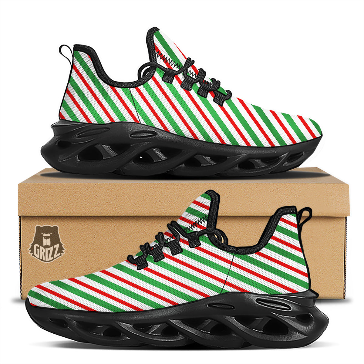 Candy Cane Stripes Christmas Print Black Running Shoes-grizzshop