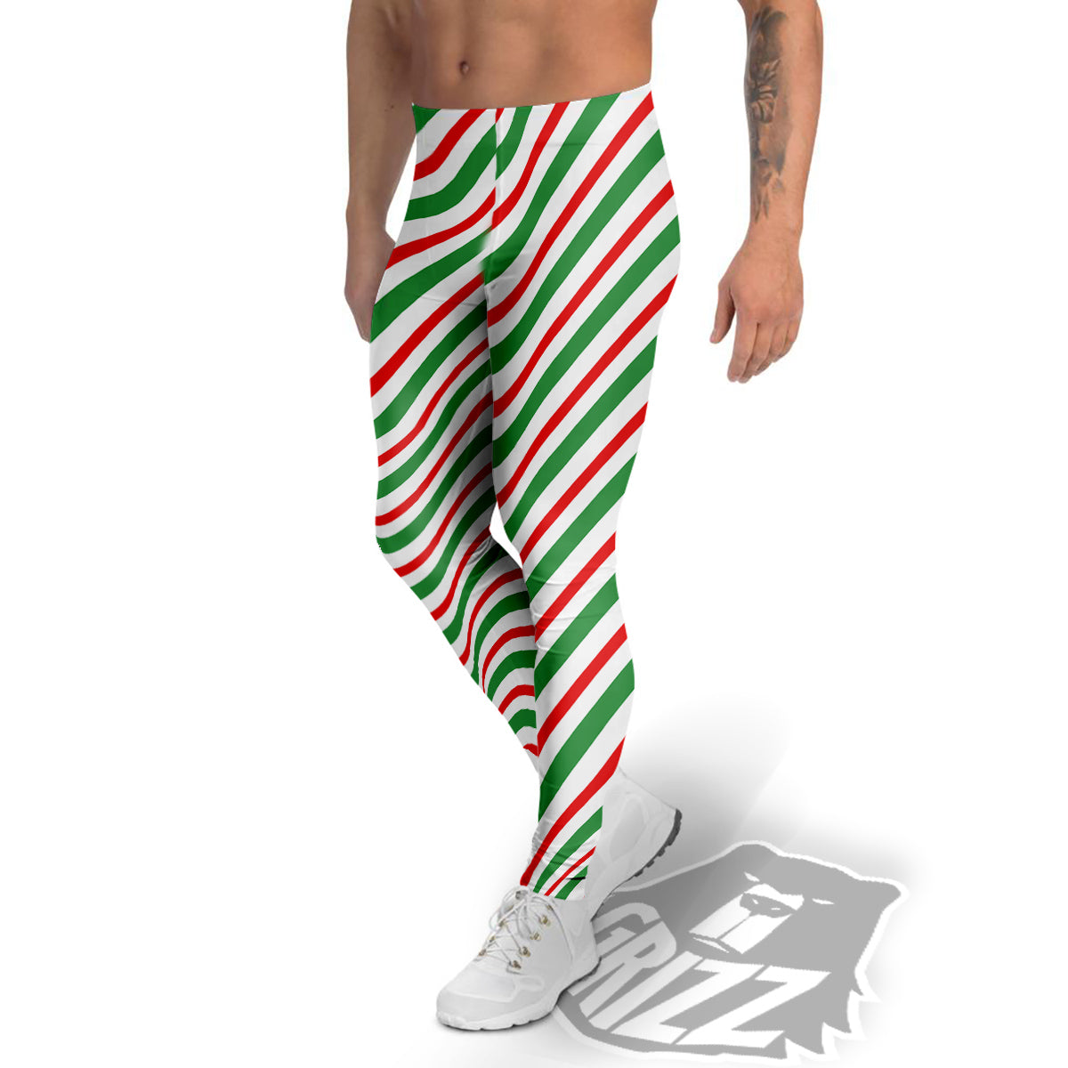 Candy Cane Stripes Christmas Print Men's Leggings-grizzshop