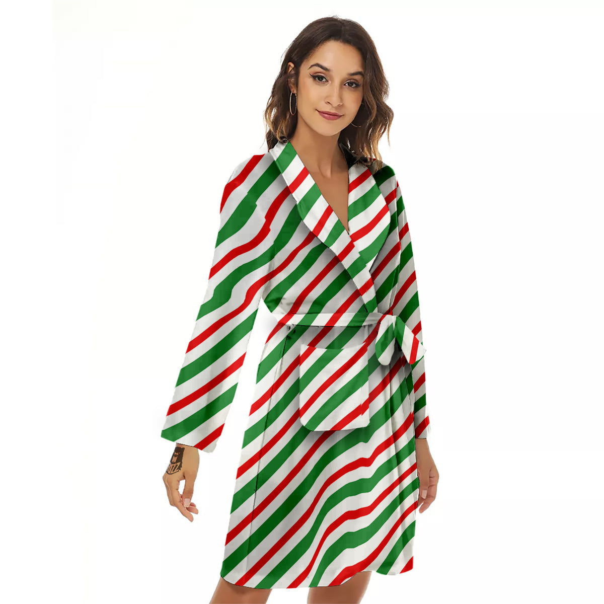 Candy Cane Stripes Christmas Print Women's Robe-grizzshop
