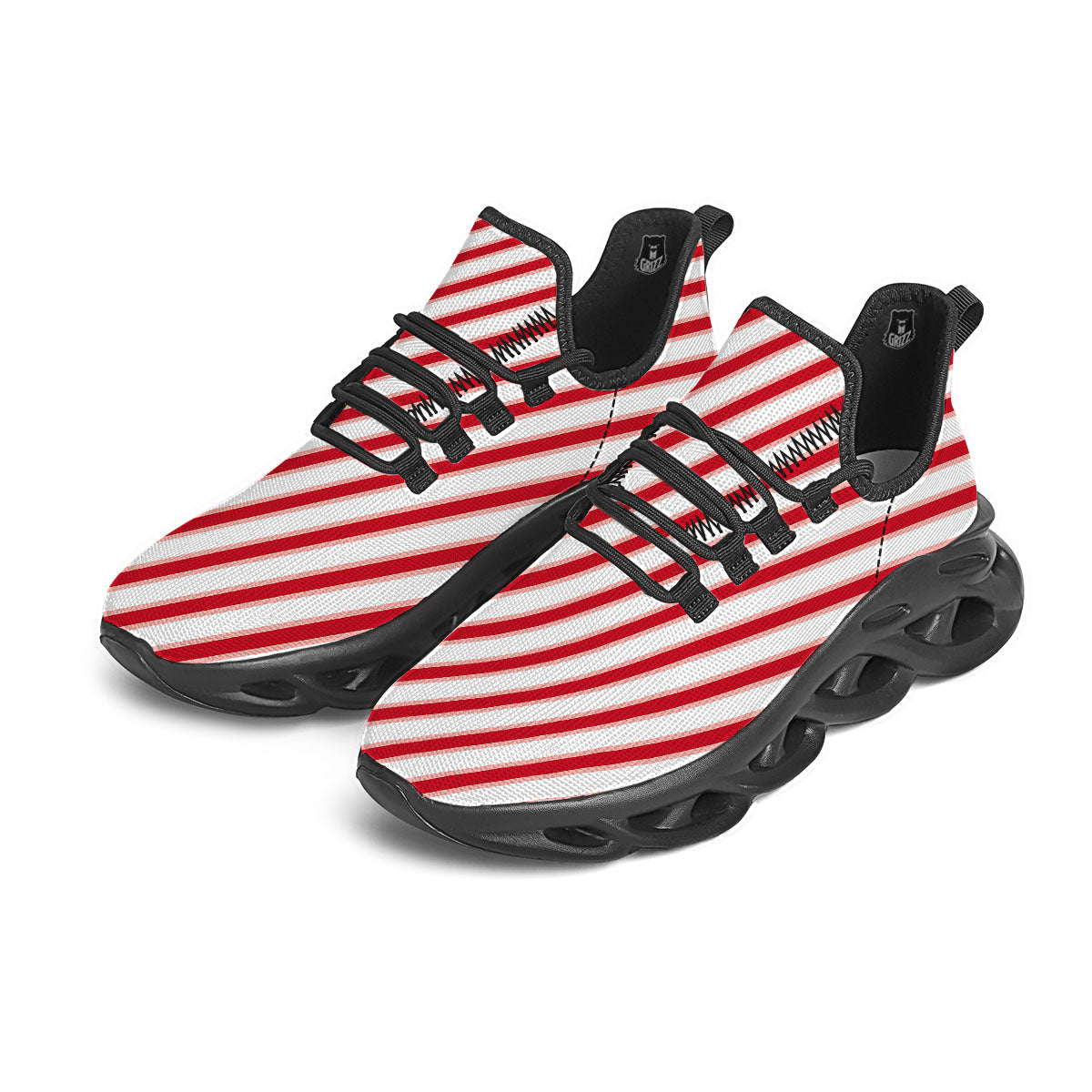 Candy Cane Stripes White And Red Print Black Running Shoes-grizzshop