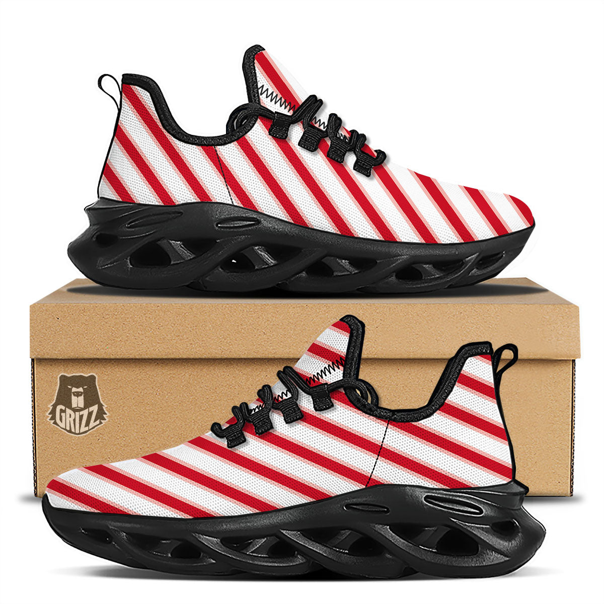 Candy Cane Stripes White And Red Print Black Running Shoes-grizzshop