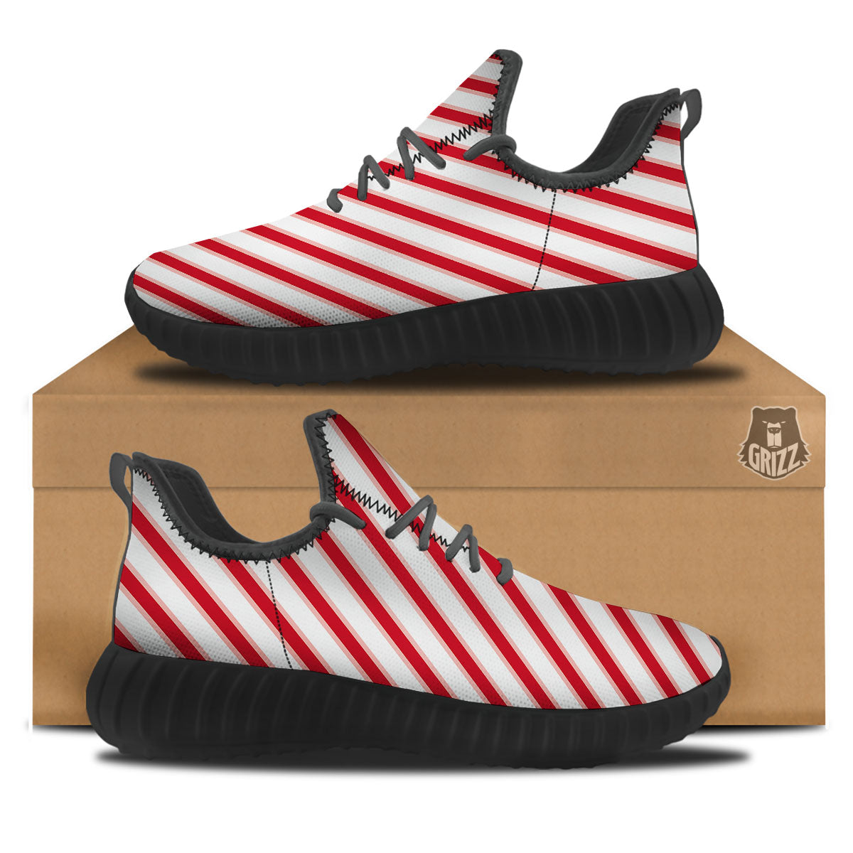 Candy Cane Stripes White And Red Print Black Walking Shoes-grizzshop