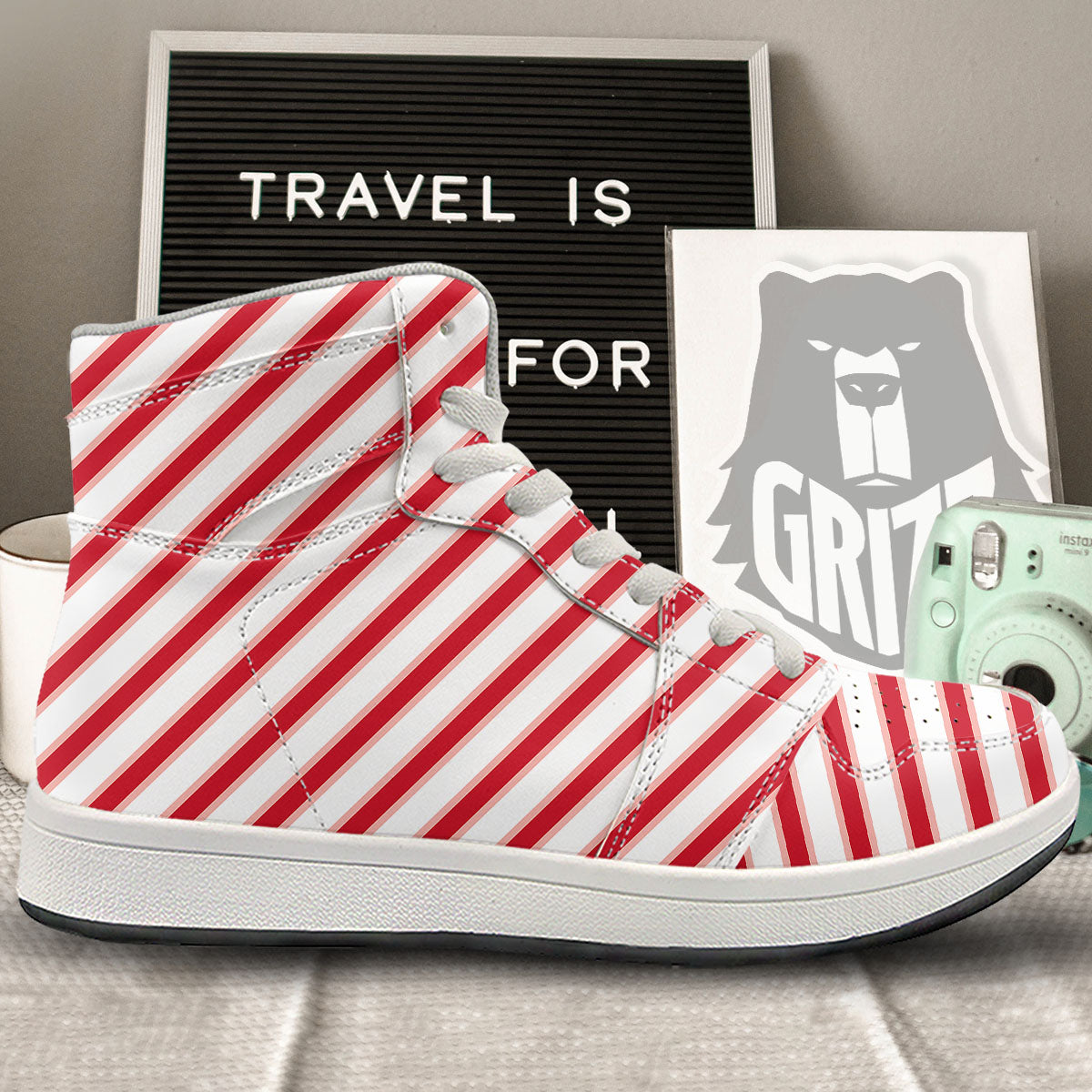 Candy Cane Stripes White And Red Print High Top Sneakers-grizzshop