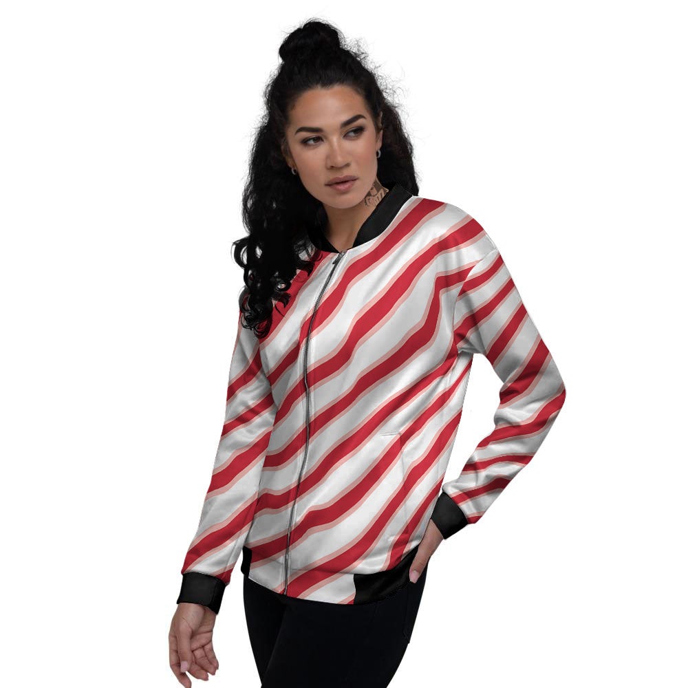 Candy Cane Stripes White And Red Print Women's Bomber Jacket-grizzshop