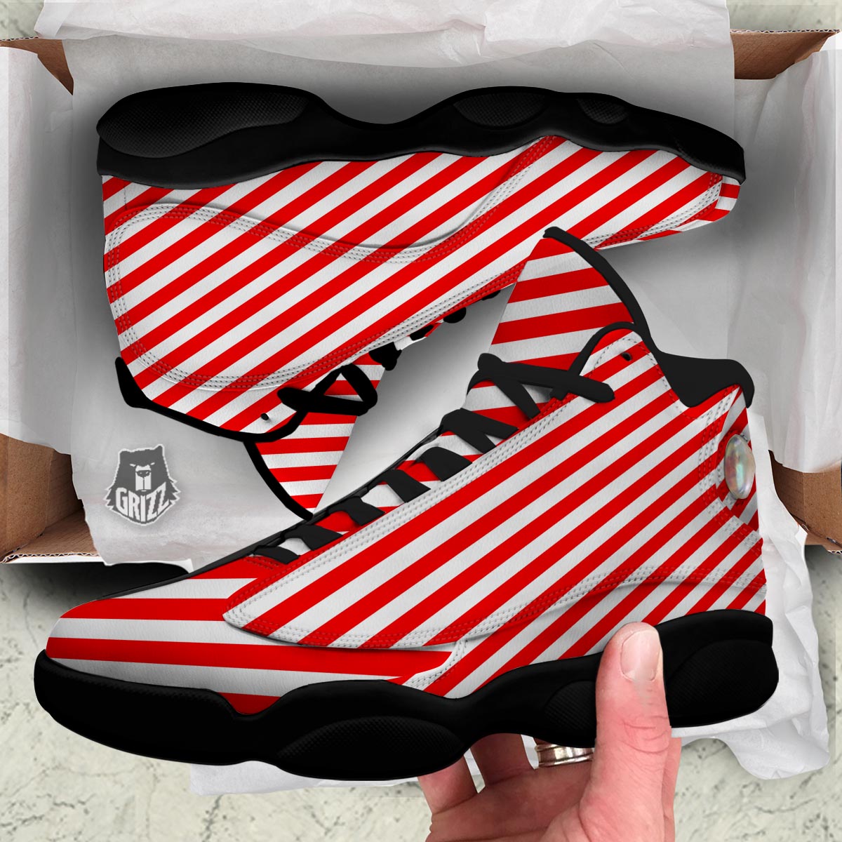 Candy Cane White And Red Print Pattern Black Basketball Shoes-grizzshop