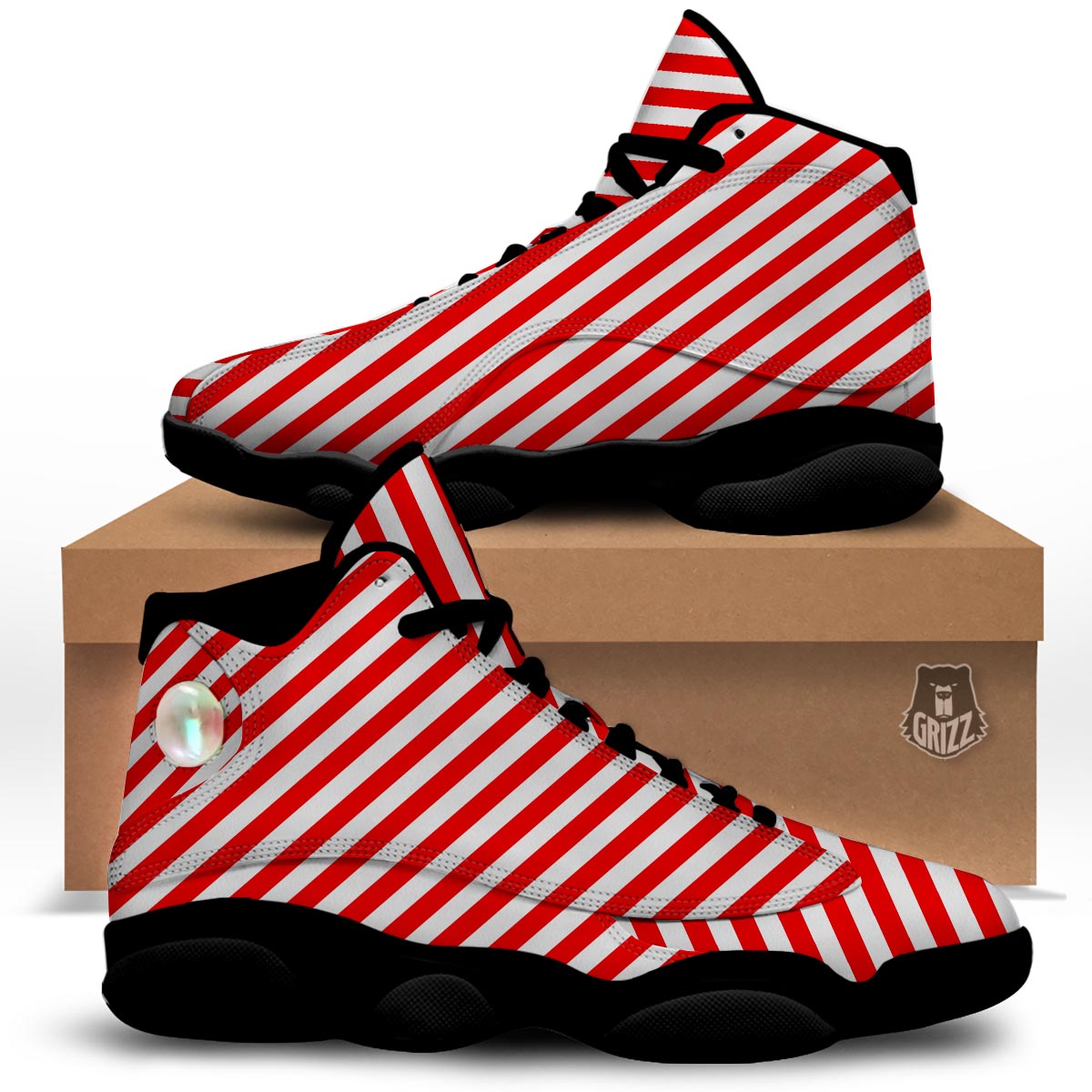 Candy Cane White And Red Print Pattern Black Basketball Shoes-grizzshop