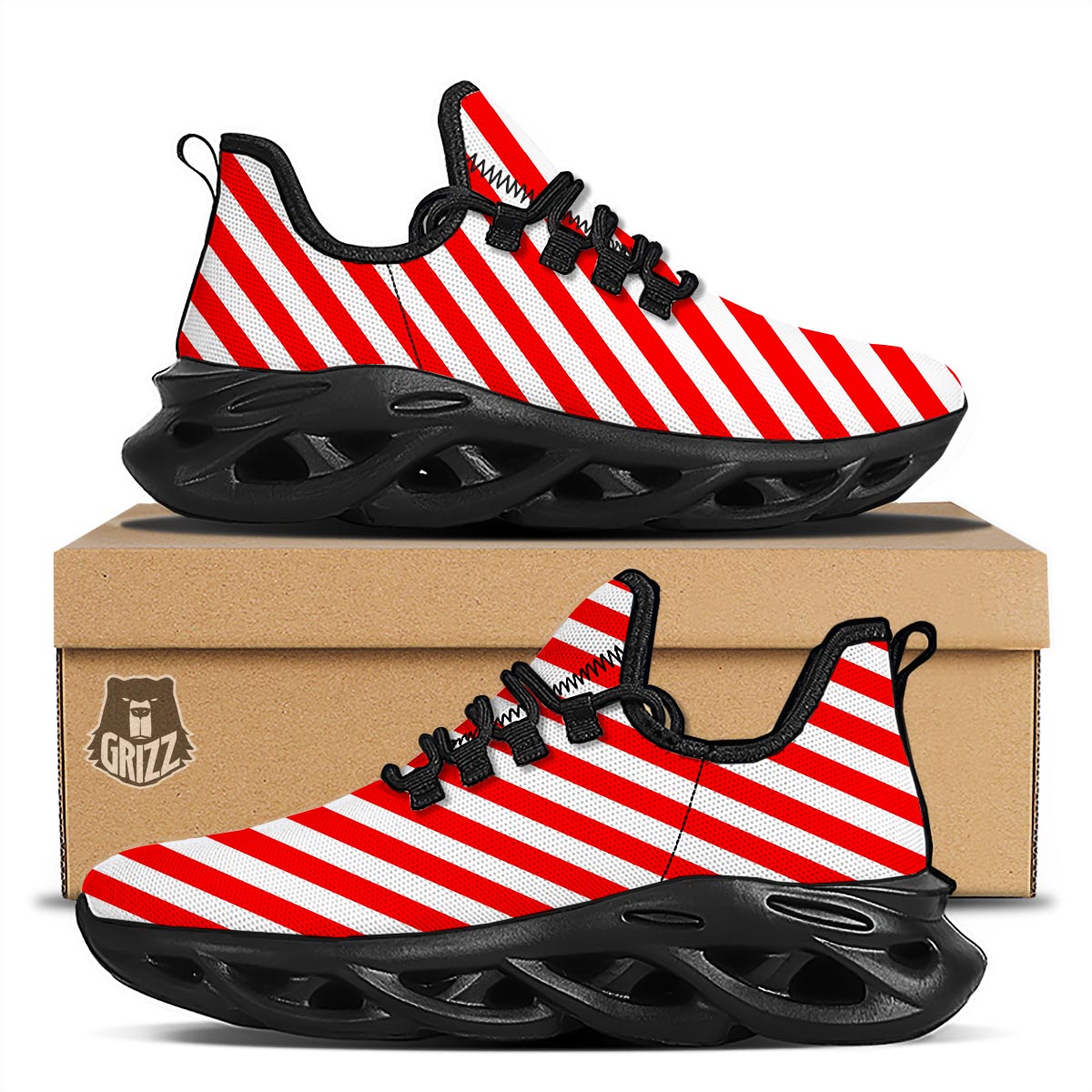 Candy Cane White And Red Print Pattern Black Running Shoes-grizzshop