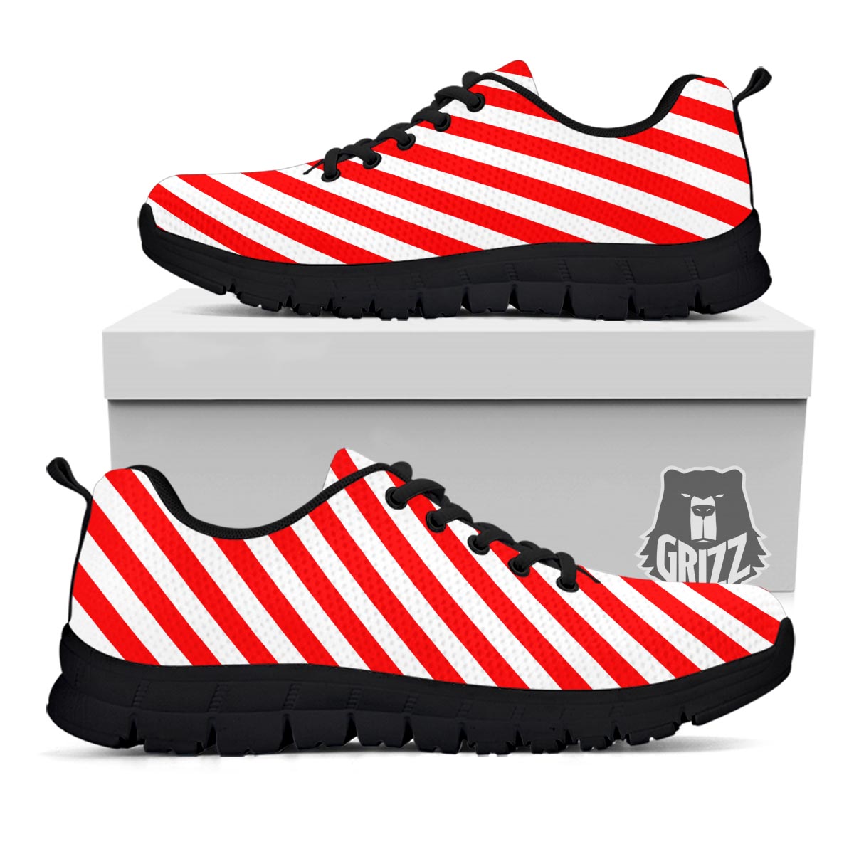 Candy Cane White And Red Print Pattern Black Sneaker-grizzshop