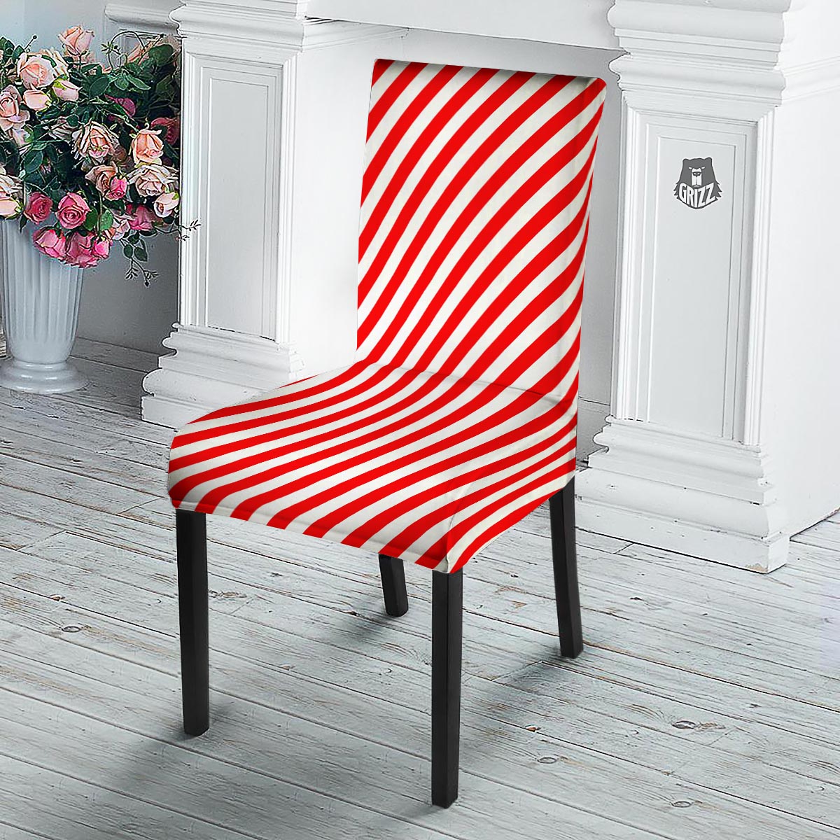 Candy Cane White And Red Print Pattern Dining Chair Slipcover-grizzshop