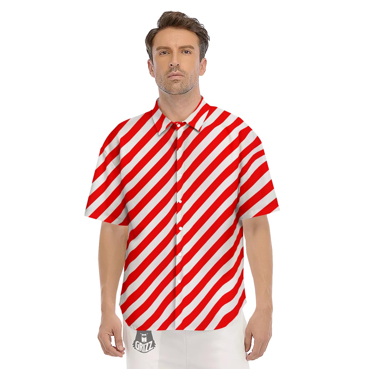 Candy Cane White And Red Print Pattern Men's Short Sleeve Shirts-grizzshop