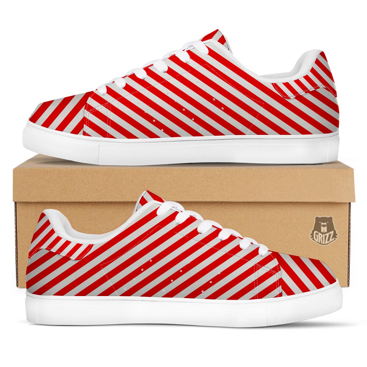 Candy Cane White And Red Print Pattern White Low Top Sneakers-grizzshop