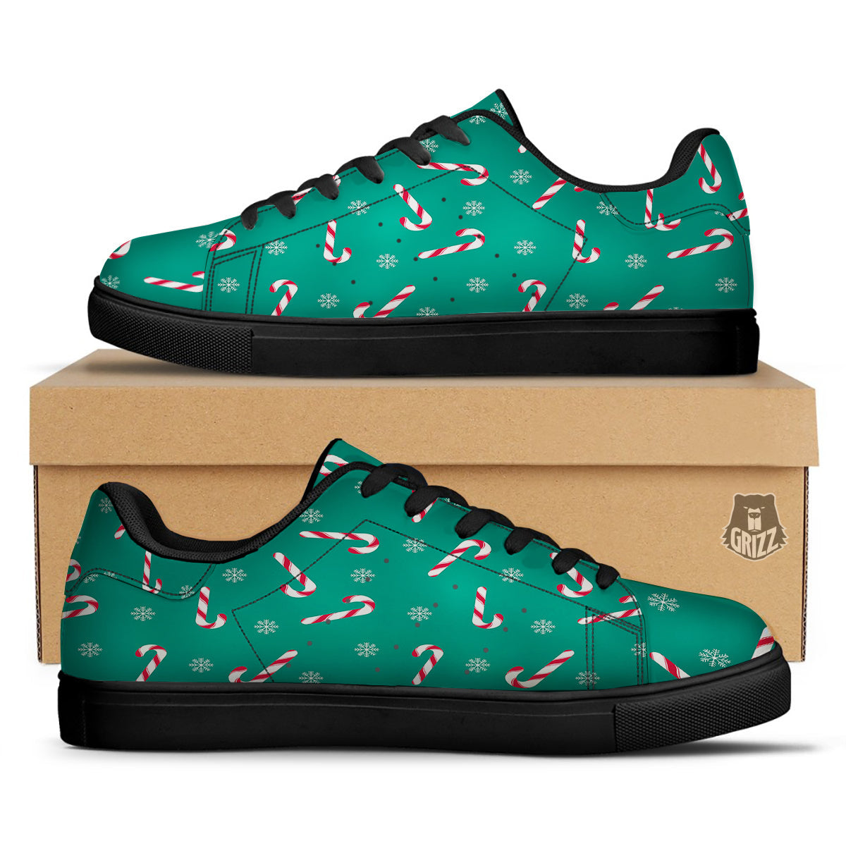 Candy Cane Xmas Print Pattern Black Low Top Sneakers-grizzshop