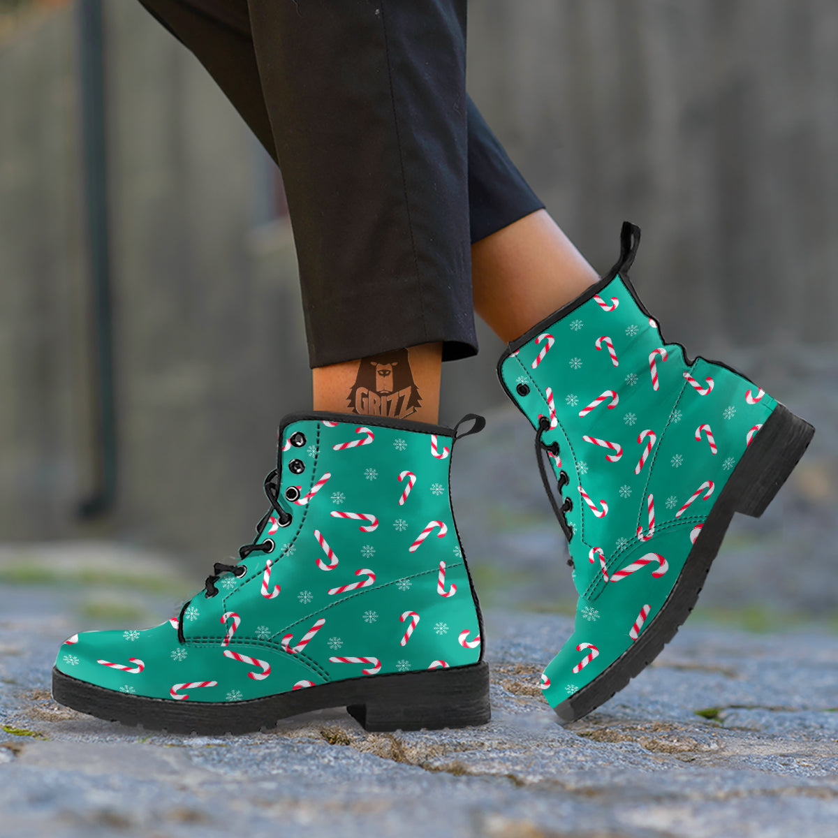 Candy Cane Xmas Print Pattern Leather Boots-grizzshop