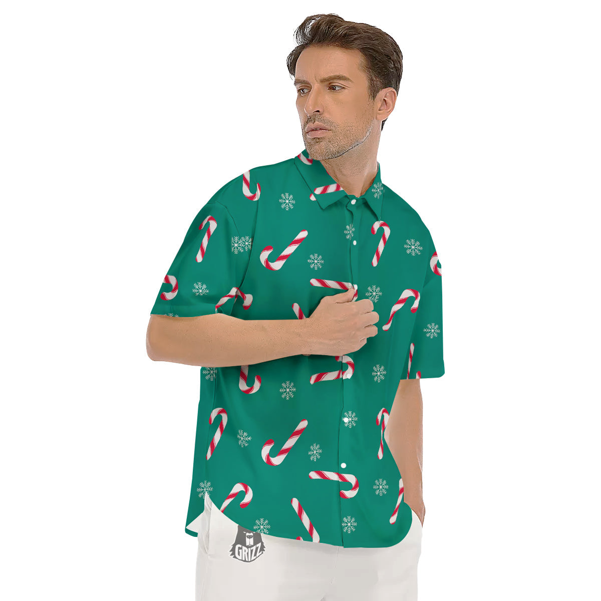 Candy Cane Xmas Print Pattern Men's Short Sleeve Shirts-grizzshop