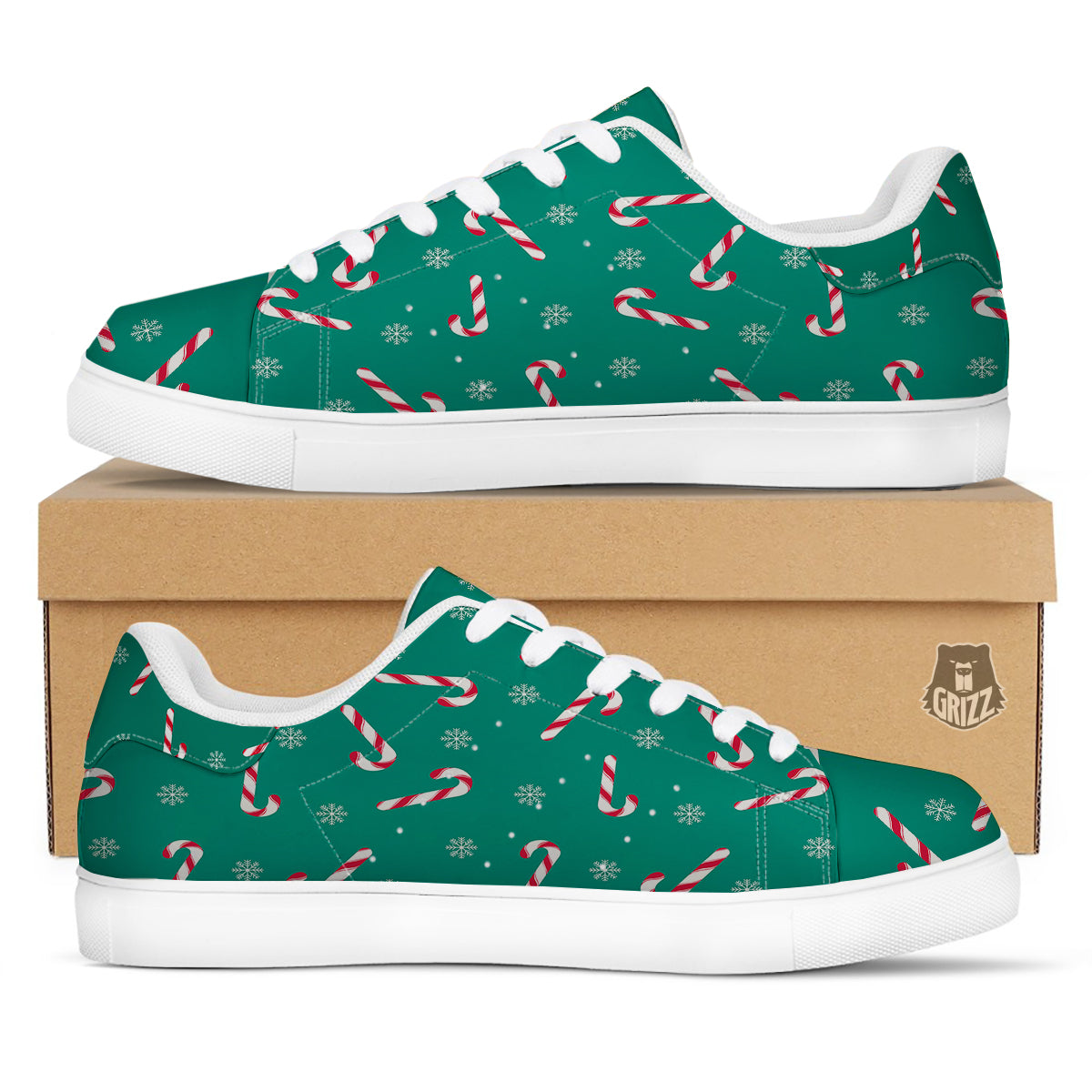 Candy Cane Xmas Print Pattern White Low Top Sneakers-grizzshop