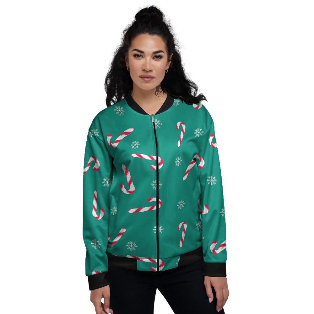 Candy Cane Xmas Print Pattern Women's Bomber Jacket-grizzshop