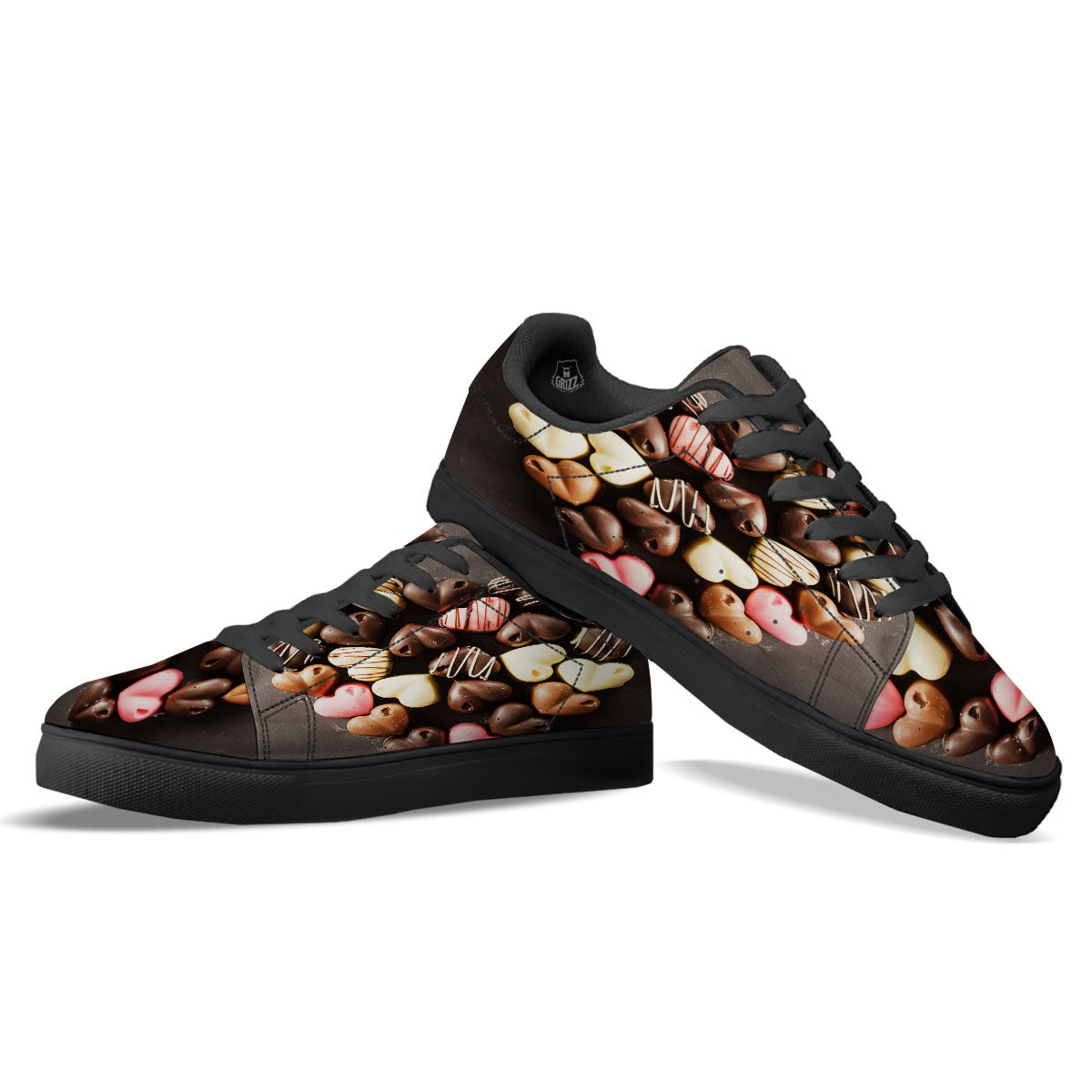 Candy Chocolate Heart Print Black Low Top Sneakers-grizzshop
