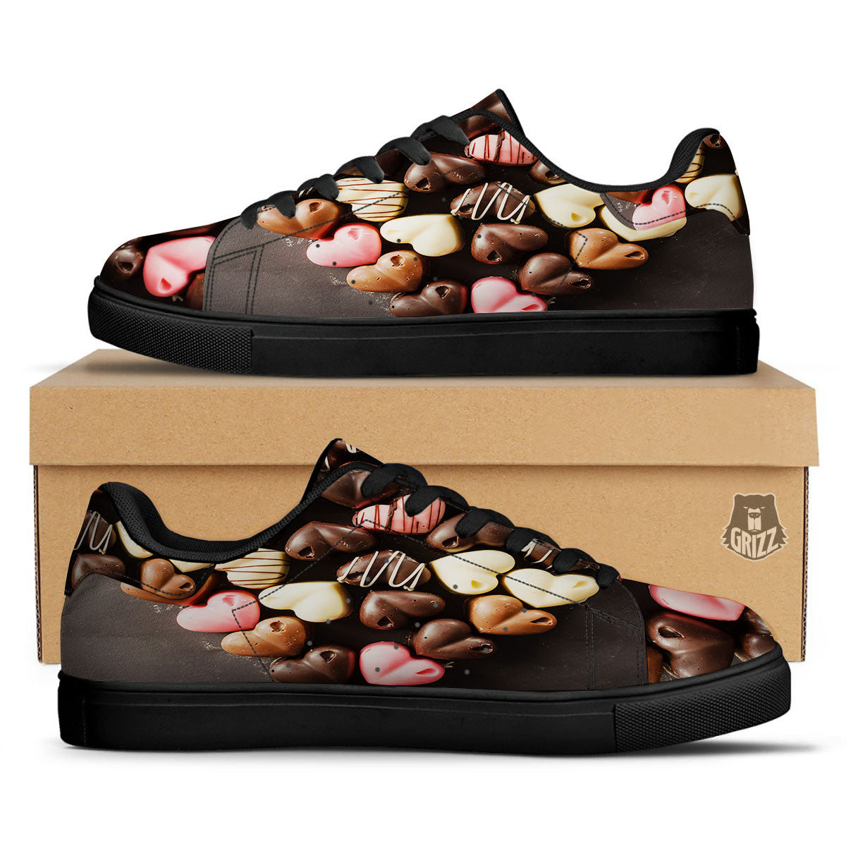 Candy Chocolate Heart Print Black Low Top Sneakers-grizzshop