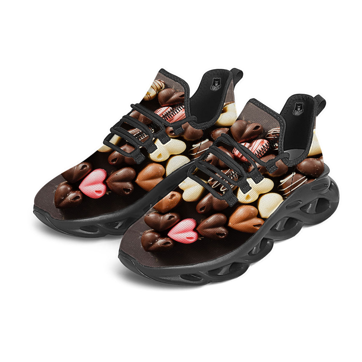 Candy Chocolate Heart Print Black Running Shoes-grizzshop