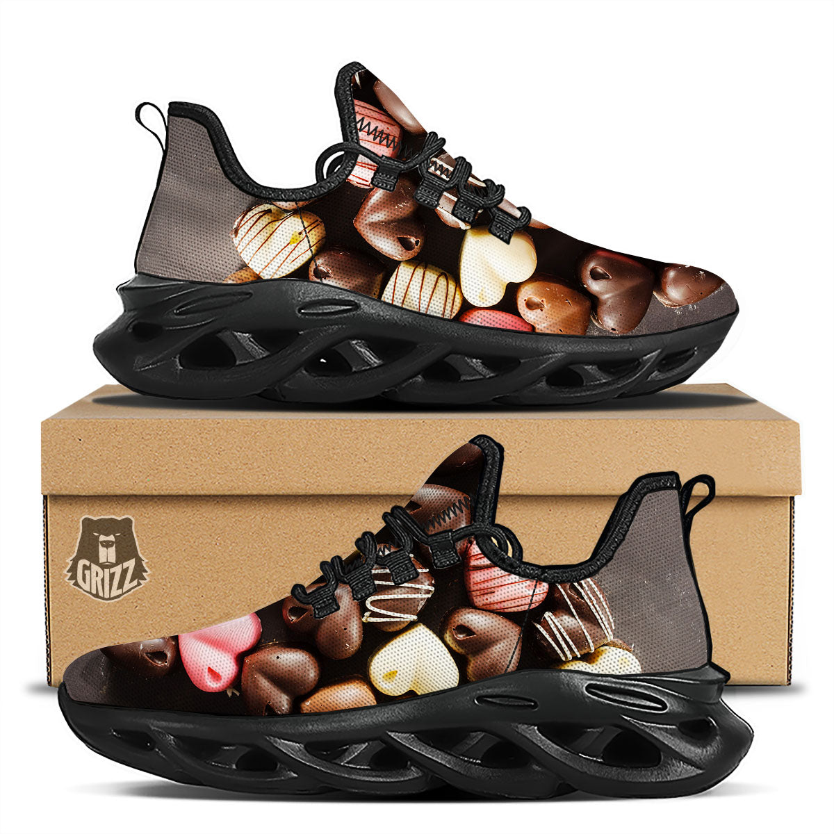 Candy Chocolate Heart Print Black Running Shoes-grizzshop