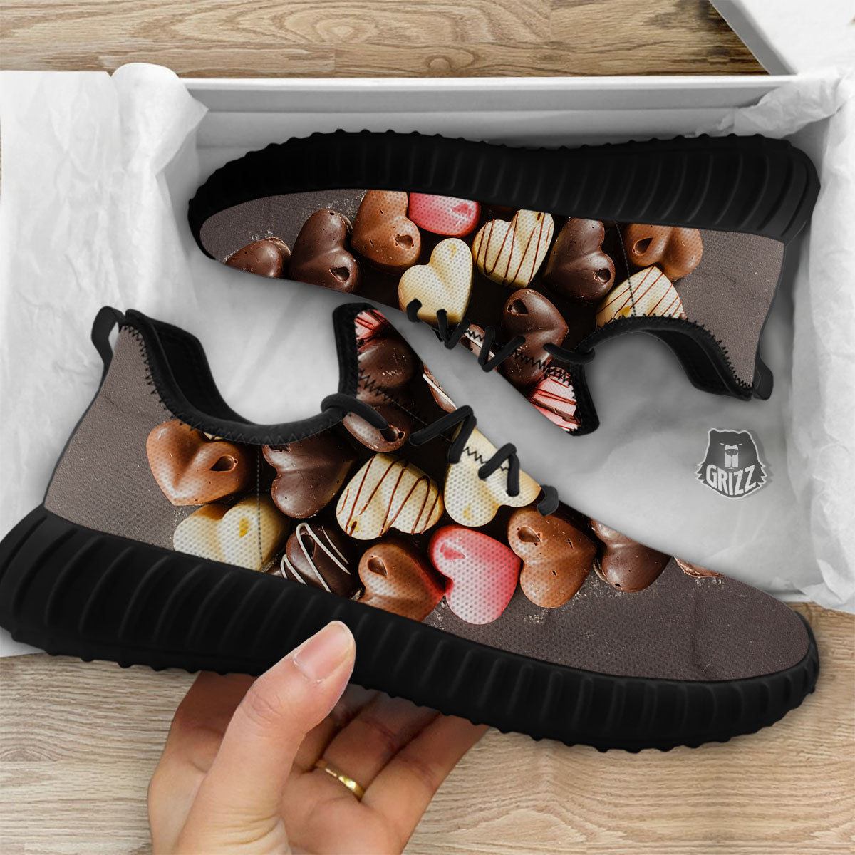 Candy Chocolate Heart Print Black Walking Shoes-grizzshop
