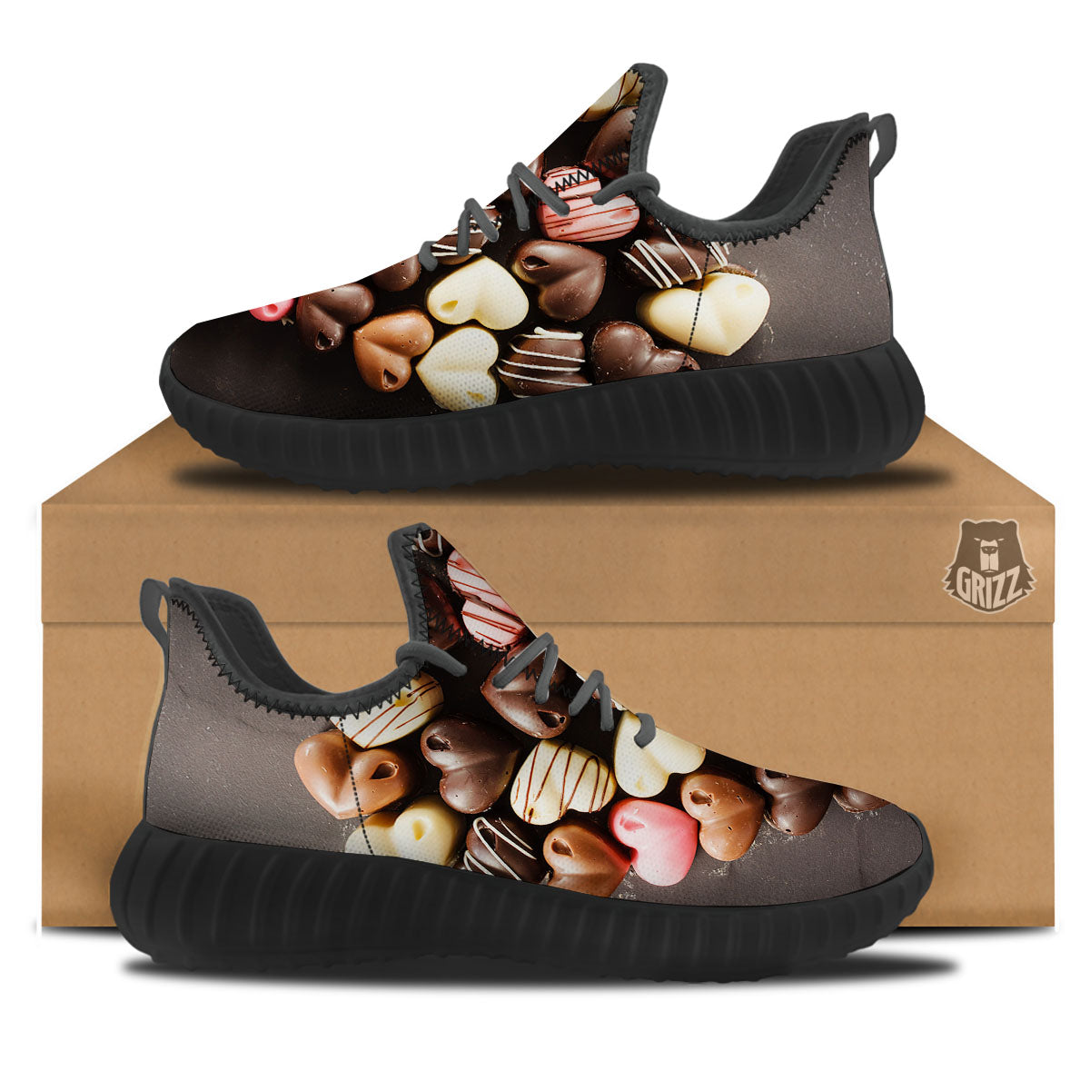 Candy Chocolate Heart Print Black Walking Shoes-grizzshop