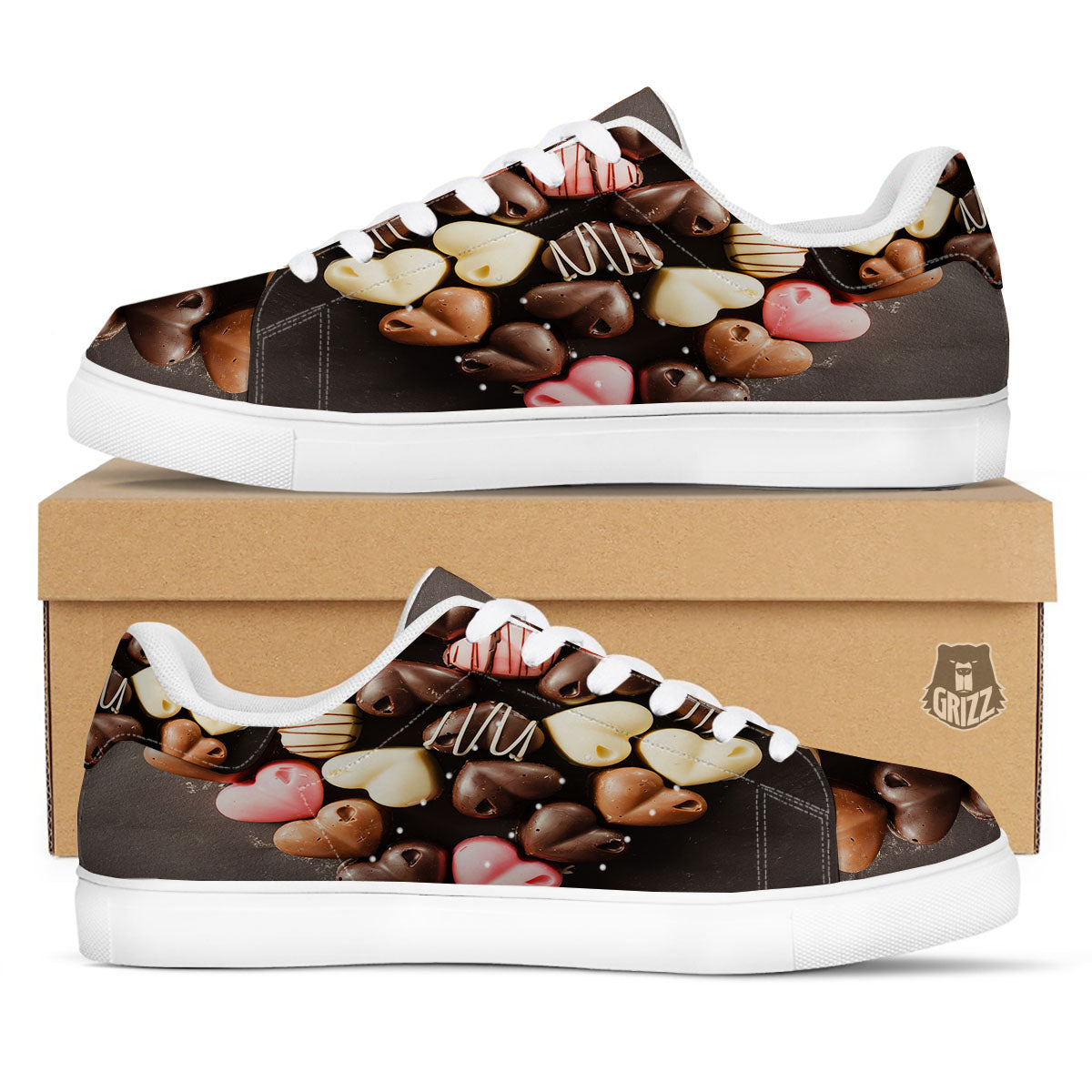 Candy Chocolate Heart Print White Low Top Sneakers-grizzshop