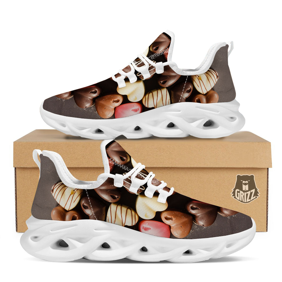 Candy Chocolate Heart Print White Running Shoes-grizzshop