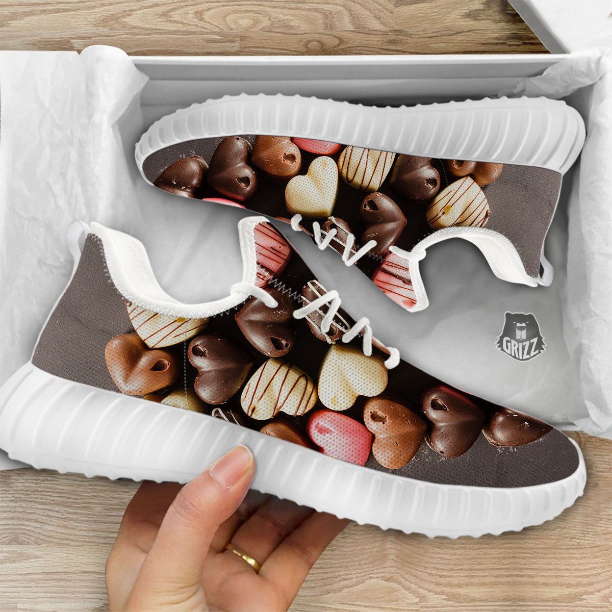 Candy Chocolate Heart Print White Walking Shoes-grizzshop