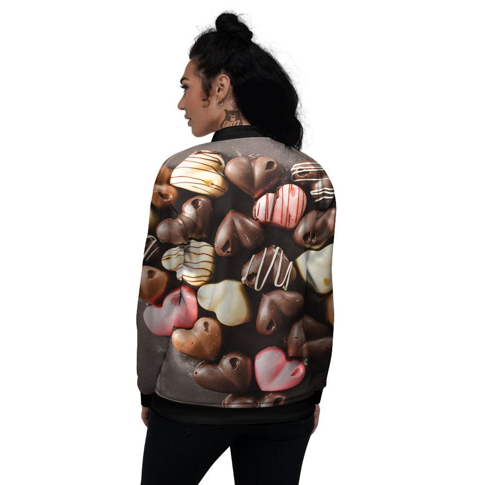 Candy Chocolate Heart Print Women's Bomber Jacket-grizzshop