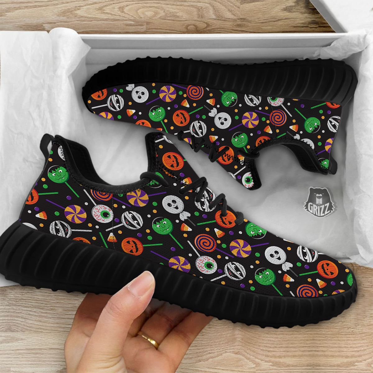 Candy Monsters Halloween Print Pattern Black Walking Shoes-grizzshop
