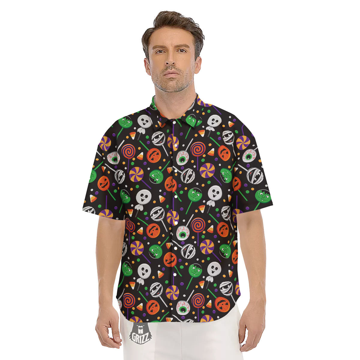 Candy Monsters Halloween Print Pattern Men's Short Sleeve Shirts-grizzshop