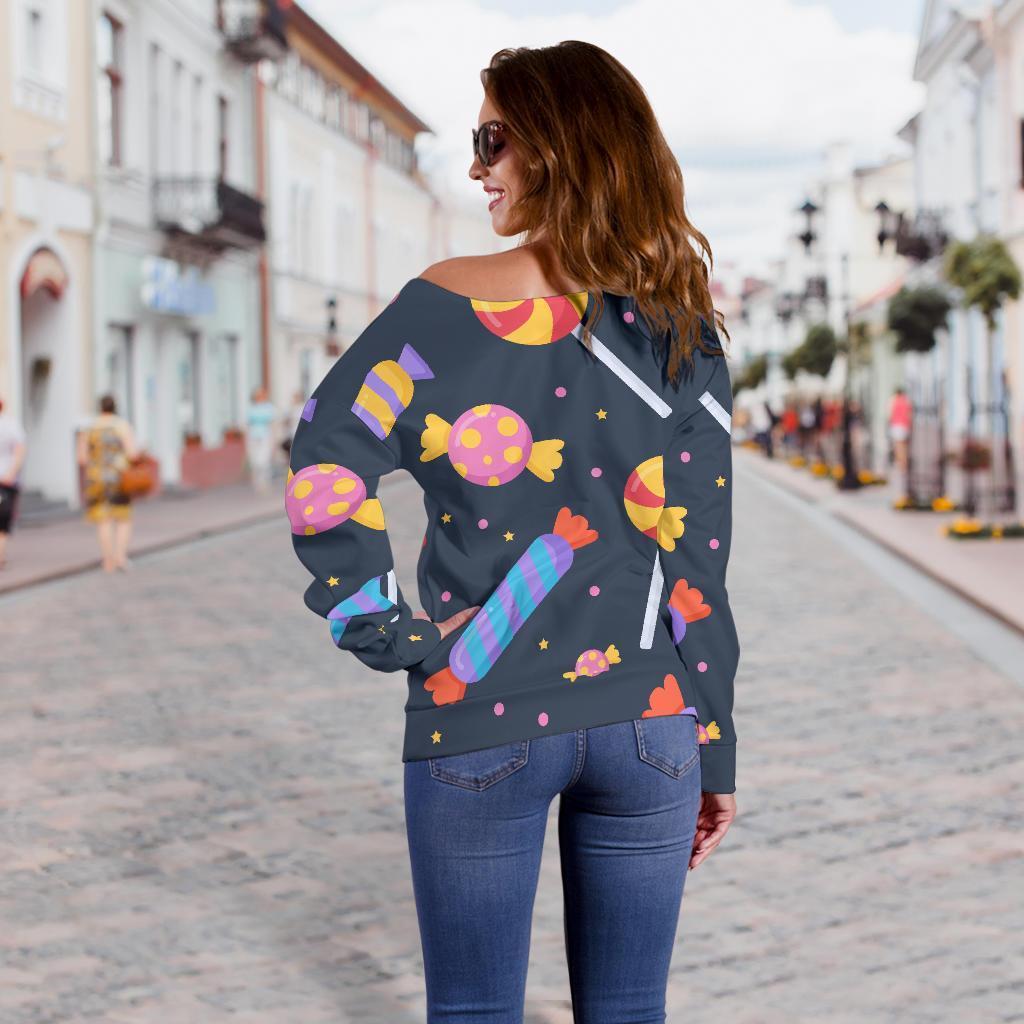 Candy Pattern Print Women Off Shoulder Sweatshirt-grizzshop