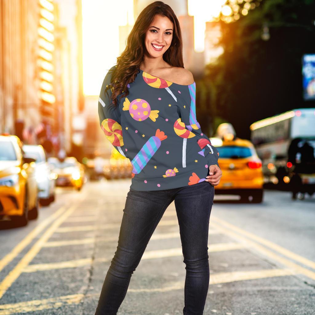 Candy Pattern Print Women Off Shoulder Sweatshirt-grizzshop