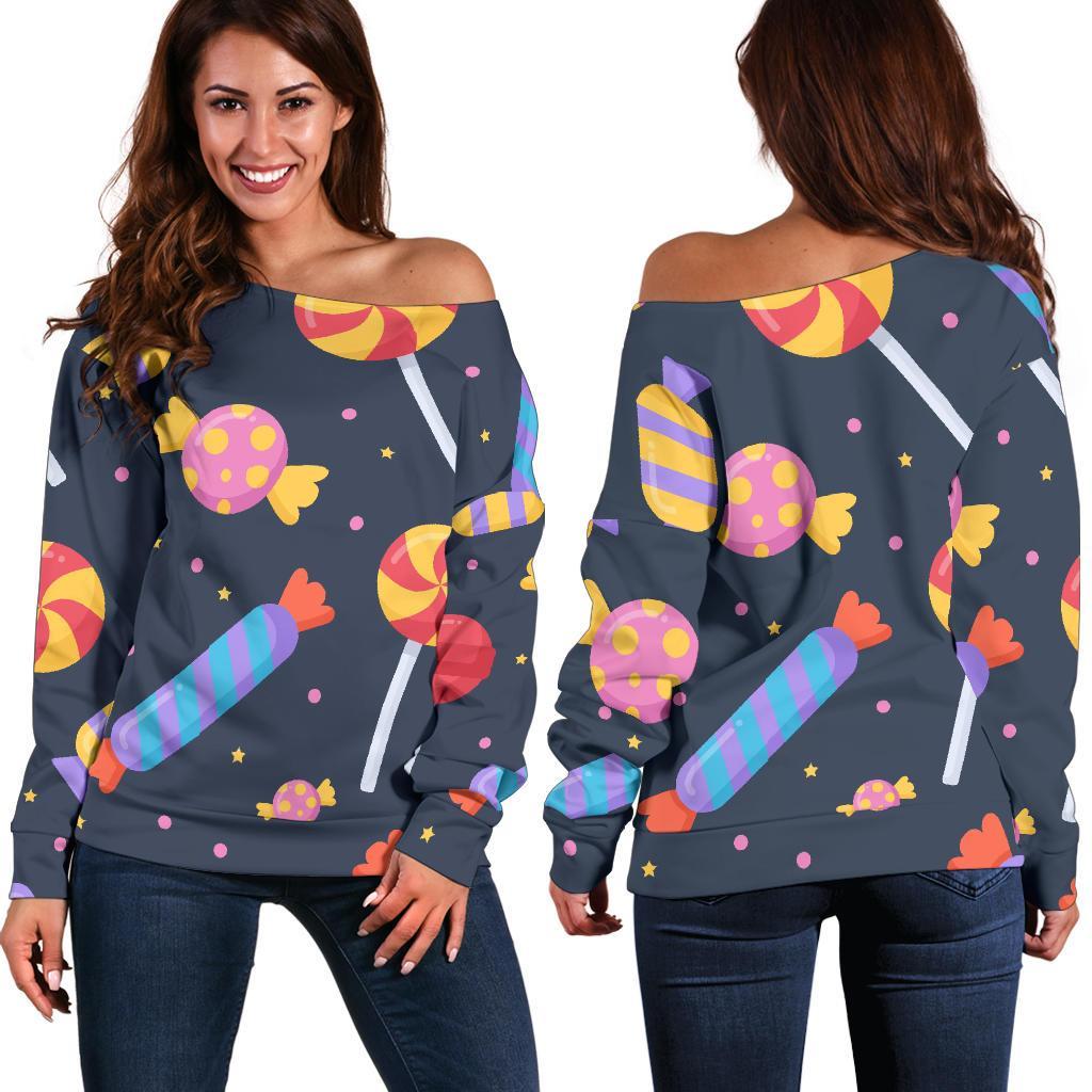 Candy Pattern Print Women Off Shoulder Sweatshirt-grizzshop