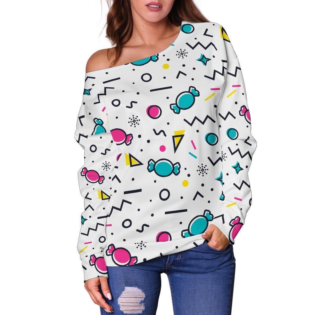 Candy Print Pattern Women Off Shoulder Sweatshirt-grizzshop