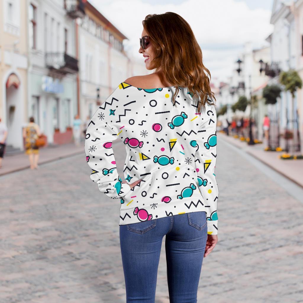 Candy Print Pattern Women Off Shoulder Sweatshirt-grizzshop