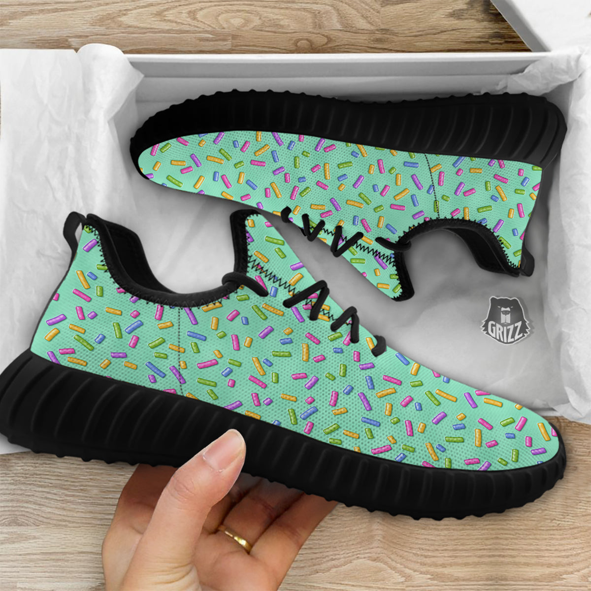 Candy Sprinkles Green Sweet Print Pattern Black Walking Shoes-grizzshop
