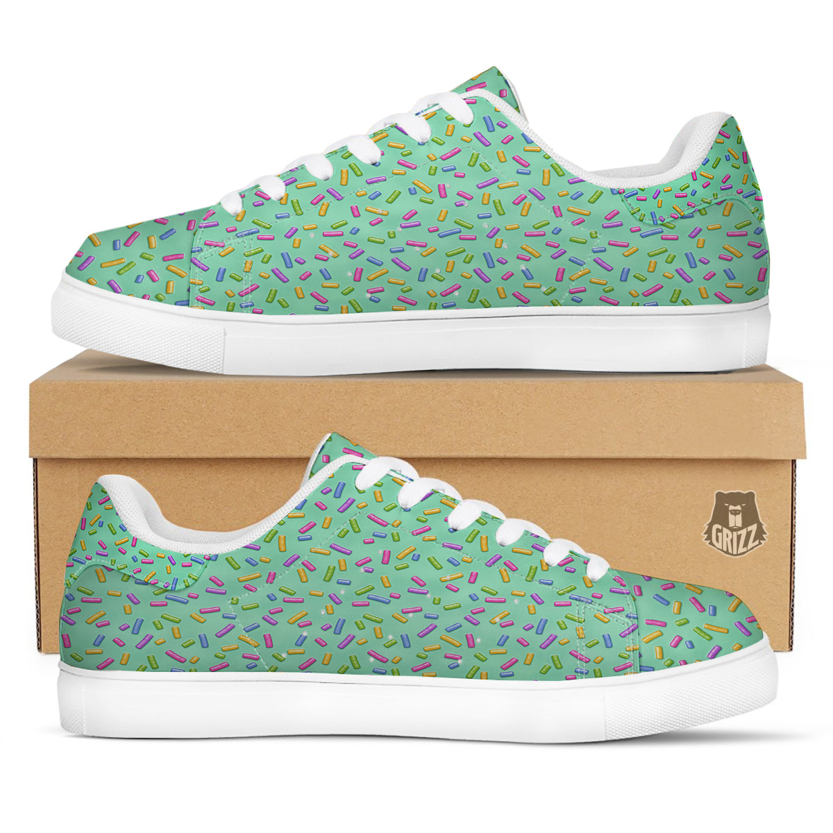 Candy Sprinkles Green Sweet Print Pattern White Low Top Sneakers-grizzshop